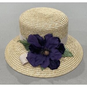Liz Claiborne Straw Sun Hat Purple Flower 90's Cottage‎ Core Boho Grandma Core